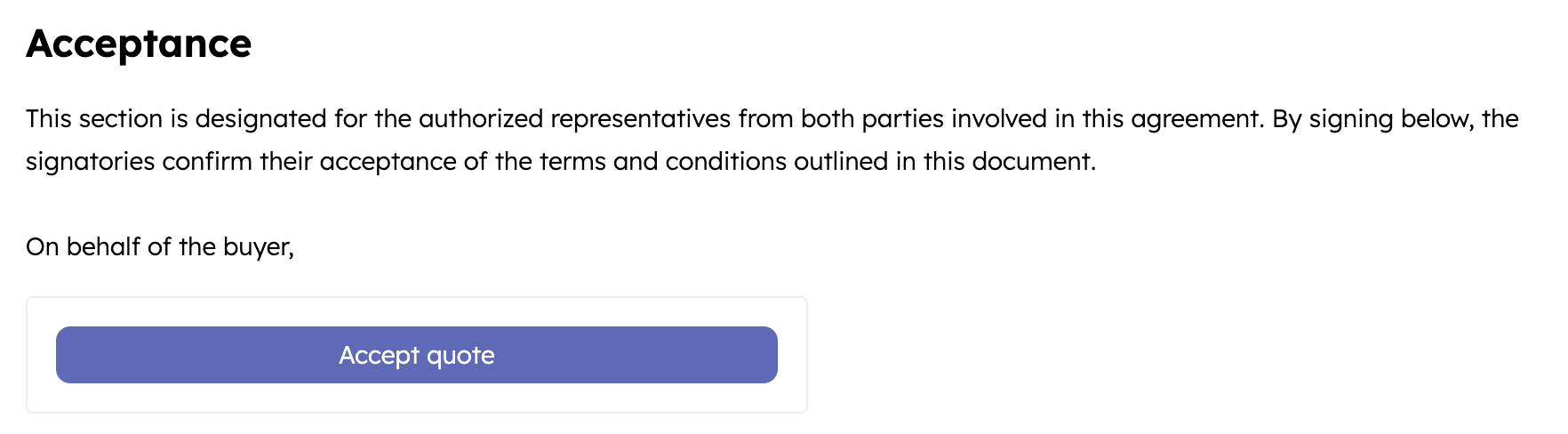 Screenshot of the clickwrap option rendering on a quote template in HubSpot